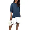 Casual Dresses Ladies Dress Stylish Women's Oregelbundna hem Sweatshirt Färgstark lapptäcke Knälängd Midi för vår Fall Fashion Lady