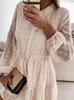 Robes Décontractées Femmes Élégant Dentelle Broderie Robe De Soirée De Mode À Manches Longues À Volants Midi Dames Blanc Soirée Solide Sheer-Mesh Vestidos