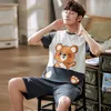 Mäns Sleepwear Summer Cartoon Mens Pyjamas Casual Tops Lattice Shorts Set Pyjamas Stripe Boys Panda Pijamas Male Home Clothes Suits