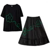 Work Dresses 2023 Fashion Outfits Women's Summer Loose Fit Art Embroidery Versatile Casual T-Shirt Skirt Large Two Piece Set Z2181