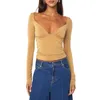 Kadın Tişörtleri Bahar Sonbahar Fitilmiş Bluz Geri Boş Out Uzun Kollu Düşük Kesim T-Shirt Sıradan Düz Renk Kısa Kırpılmış Temel Gömlek