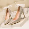 Dress Shoes Luxury Full Crystal Shallow Pointed Toe Pumps Sexy Lace Bow-tied Slip On Princess High Heels Brand Shine Stilettos Ladies