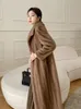 Mulheres misturas de lã moda jaqueta de inverno mulheres imitação casaco de pele real natural imitação de veludo casaco colarinho solto longo parkas grande 231124