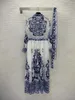 Fashion Dresses Luxury Hot Drill Sequin Trim Neckline Lapel Long Sleeves Dress Blue And White Porcelain Printed Lace-up High Waist Line Temperament Slim Maxiskit