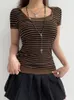 Women's T-Shirt Rapcopter y2k Striped Crop Top Hooded Short Sleeve T Shirt Women Cute Retro Brown Summer Tee Women Harajuku Casual Tshirt 230427