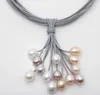 Chains 17'' 43cm Women Jewelry 9mm Colorful Oval Pearl A Bunch Of Pendant Multi-layer Gray Leather Rope Necklace Natural