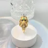 Wedding Rings Rui Ying Jewelry 9k Gold Natural Diamond Green Gemstone Pure Handmade Brushed Ring 231127