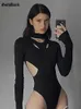 Macacões femininos Rompers GOTH Dark y2k punk sexy hollow out women bodysuits góticos grunge irregular retchworkwear tops tops skinny sza de luvas longas 230426