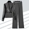 Kvinnors tvådelade byxor 2023 Spring Korean Satin Jacket Blazer Casual Wide Leg Trousers Twopiece Elegant Office Outufits 231127