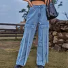 Jeans femininos europeu retro azul feminino carga y2k cinta bolsos frontais cor sólida calças jeans