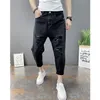 Hommes Jeans Hommes Gros Trous Fermeture Éclair Coton Lâche Adoucissant Mi Décontracté Recadrée Harem Pantalon TieAkle Boutons Denim Crayon Pantalon 230426