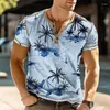 Homens camisetas Coconut Tree 3D Imprimir Henley Moda Streetwear Vintage Button-Down Camisa de Manga Curta Homem Masculino Tees Tops Roupas