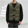 Men'S Vests Mens Men Sleeveless Cargo Vest Jacket V-Neck Solid Color Mti Pockets Zipper Placket Buckle Closure Coat Hiking Clothing Otcgq