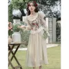 Casual Dresses French Vintage Print Chiffon Dress Women Square Collar Elegant Party Midi Female Puff Sleeve Korea Fairy Autumn 2023