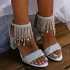 Sandały luksusowe rhinestone frędzle kobiety białe buty ślubne moda na obcasie w pasku kostki Sandalias Summer Party Bride