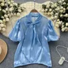 Kvinnor BLOUSES Fashion Pearl Shiny Shirt Women's French Loose Casual Bow Neck Kort Puff Suche Solid Color Blouse Tops Mujer K562