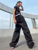 Capris Qweek Techwear Kırmızı Kargo Pantolon Kadın 90S Vintage Retro Street Giyim Hip Hop Siyah Geniş Bacak Pantolonları Büyük Street Punk