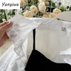 Robes décontractées Automne Femmes Sexy Noir Spaghetti Strap Dress et Blanc À Manches Longues Blouses Crop Tops Mode Coréenne Mini Vestidos 230427