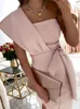 Casual Dresses Sexy One-Shoulder Slit Bodycon Dress Elegant Solid Sashes Lace-up Midi Summer Women Commute Pink Party Vestidos