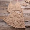 Mulheres Swimwear 2023 Crochet 2 Peças Férias de Verão Beach Cover-Ups Sexy Mulheres Bra Top Mini A-Line Saia Bikini Cover Up Wear Feminino