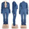 Tracksuits de taille plus féminin 2023 Femmes printanières Définir la veste en jean à manches longues et la mode pantalon empilée en deux pièces en jean Sexy Lady tenue en gros 230426