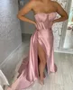 Robe de soirée de luxe rose, longue et sexy, sans bretelles, avec fente, en Satin, sans manches, robe de bal formelle, longueur au sol