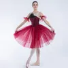 Stage Wear 19334 Corpetto in pizzo con paillettes bordeaux ed elasticizzato Nude Spandex Romantico lungo tutu di balletto per ragazze Costume da prestazione per donna