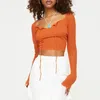 Blouses Femmes Femmes Tie-Up Front Chemises Printemps Automne Côtelé Crop Tops Femme Mode Chemisier À Manches Longues Crochet Pulls Streetwear