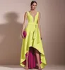 Elegant High-Low Evening Dress 2024 Deep V Neck A Line Asymmetrical Satin Prom Formal Gown Birthday Party Dresses Color Contrast Robe de Soiree