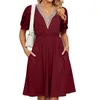 Casual klänningar för kvinnor 2023 Summer Chic and Elegant Loose Dress Solid Color Lace Vneck Short Sleeve Lady Clothing Vestido 230426