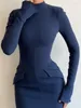 Casual jurken Elegante donkerblauwe vaste hoge taille mini -jurk Women mode met pocket lange mouw bodycon chic feestclub gewaden