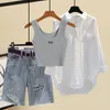 ドレスneploe vrouwen zomer pakken 2022 nieuweターンダウンkraag lange mouwen wit shurts + slim knit hemdje + allewedstrijd denim shorts 3