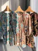 Kvinnors blusar Blus 2023 Summer Silk Floral Print O-Neck Casual Puff Sleeve Shirt