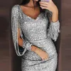 Urban Sexy Dresses New Women's Sexy Dress Sparkling Sequin Tassel Sleeves V-Neck Club Mini Tight Sun Dress Elegant Women's Party Dress 231127