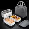 Bouteilles de stockage 2 couches de qualité alimentaire en acier inoxydable Portable isolé chauffage thermique Double paroi en métal Bento enfants en acier boîte à lunch avec sac