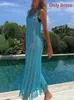 Women's Swimwear Summer Beach Clothes 2023 Fringe Tassel Knitted Cover Up Coverups Wear Sexy Vestidos Hollow Out Robe Long Dress Slit 230426