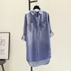 Camicie di jeans di cotone medio lunghe primavera e autunno 2023 Fashion Pocket Top camicia sottile a maniche lunghe per abiti da donna