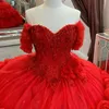 Красное милое блестящее платье Quinceanera с открытыми плечами, кружево, цветы, бусы, вечернее платье принцессы Sweet 16, бальное платье Vestidos De 15 Anos