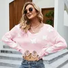 Damenpullover, abgeschnittener, sexy Crop-Top-Pullover mit langärmeligem Pullover mit Schmetterlingsmuster und V-Ausschnitt