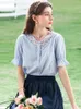 T-Shirt I BELIEVE YOU Summer Blouses French Fashion 100% Cotton Vneck Pullover Hollow Out Patchwork Puff Sleeve Women Tops DCS213802A