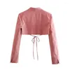 Ternos femininos Mulher Moda Moda Pink Slim Crop Blazer 2023 Primavera Solid Solid Lacing Blazers Short Ladies High Street Cropped Outwear