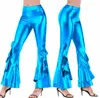 Calça feminina mulher flare calça flare laser Metallic WetLook Ruffle perna larga retro 70s Disco Hippie Club Skinny Bell Bottoms