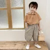 Ensembles de vêtements décontractés en coton et lin pour petites filles, hauts avec nœud, T-Shirts, chemisiers, pantalons à carreaux pour enfants