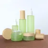 20ml 30ml 40ml 60ml 80ml 100ml 120ml vert verre givré crème pot brume lotion pompe bouteille avec imitation couvercles en bois bouchons Ktpef