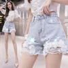 Damen-Shorts, schwere Arbeit, Damen, Perlen, Denim, Damen, 2023, Sommer, koreanische, hoch taillierte 3D-Blumen-Shorts, Jeans, ausgefranste, lässige Streetpants