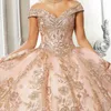 Abito da ballo in oro rosa lucido Abito Quinceanera 2024 Appliques Perline in pizzo Spalle scoperte Dolce 15 16 anni Abiti XV Anos