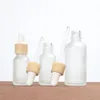 Empty Refillable Dropper Bottles Frosted Glass Vial Cosmetic Container Jar Holder Sample Bottle with Imitated Wooden Lids Nkpbw