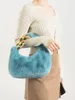 Evening Bags MABULA Blue Faux Fur Top Handle Purse with Big Metal Chain Half Moon Design Women Clutch Bag Winter Small Phone Handbag 231127