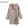 Piel rosa java QC190551 nueva llegada gran oferta abrigo de lana con cuello de piel de zorro real abrigo de carshmere abrigo de mujer moda al por mayor