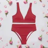 Women's Swimwear Sexy Solid Ribbed Bikinis 2023 Mujer High Waist Swimsuit Women V neck Swimwear Female Sport Bathing Suit Stripe Red Bikini Top P230426